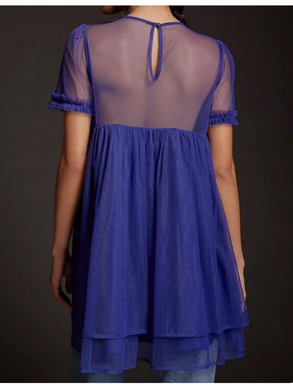 Anthropologie - Sheer Ruffled Babydoll Tunic Dress - Electric Blue - Picture 2 of 4